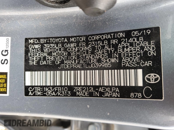 2020 Toyota Corolla LE with VIN JTDEPRAE1LJ039985, listed as a Copart auction lot 55435445 with 114,017 mi miles and Non Repairable. Bid and sale history available at DreamBid. Image 12.