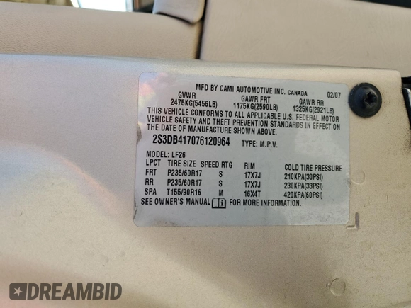 2007 Suzuki XL7 Luxury with VIN 2S3DB417076120964, listed as a Copart auction lot 60351445 with 96,471 mi miles and Salvage title. Bid and sale history available at DreamBid. Image 13.