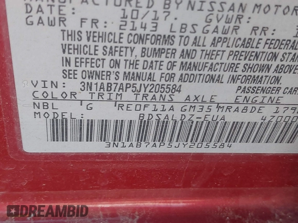 2018 Nissan Sentra SR with VIN 3N1AB7AP5JY205584, listed as a IAAI auction lot 40463666 with 133,351 mi miles and . Bid and sale history available at DreamBid. Image 9.