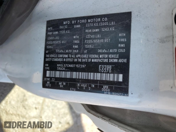 2013 Ford Transit Connect XL с VIN NM0LS7CN8DT157297, выставлен на аукционе Copart как лот 48245324 с пробегом Не указан миль и Списание • Salvage title. История ставок и продаж доступна на DreamBid. Изображение 13.