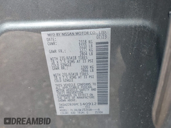 2023 Nissan Murano SV z VIN 5N1AZ2BJ6PC140912, wystawiony jako IAAI lot #42684601 z przebiegiem 52 272 mil mil oraz . Historia ofert i sprzedaży dostępna na DreamBid. Obrazek 9.