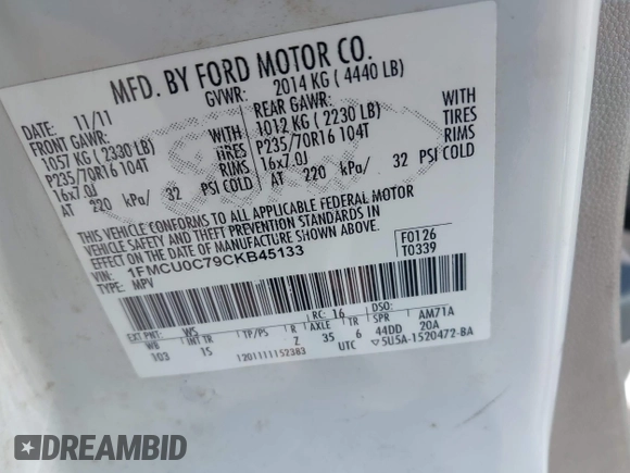 2012 Ford Escape XLS with VIN 1FMCU0C79CKB45133, listed as a IAAI auction lot 42552358 with 365,493 mi miles and . Bid and sale history available at DreamBid. Image 9.