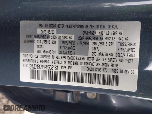 2023 Mazda CX-30 S Preferred z VIN 3MVDMBCM4PM558181, wystawiony jako IAAI lot #42589333 z przebiegiem 12 384 mil mil oraz . Historia ofert i sprzedaży dostępna na DreamBid. Obrazek 9.
