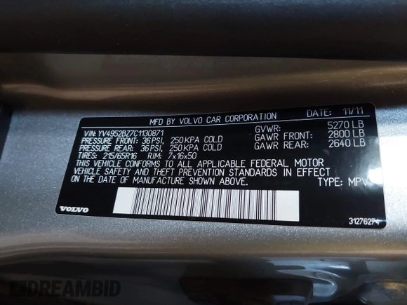 2012 Volvo XC70 3.2L with VIN YV4952BZ7C1130871, listed as a IAAI auction lot 41812602 with 182,494 mi miles and . Bid and sale history available at DreamBid. Image 9.