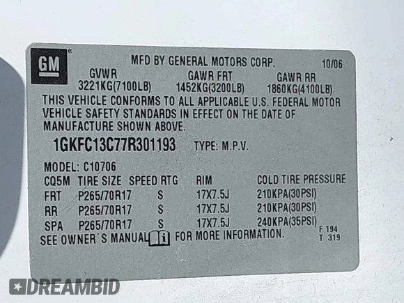 2007 GMC Yukon SLE w/3SA with VIN 1GKFC13C77R301193, listed as a IAAI auction lot 41995771 with 274,631 mi miles. Bid and sale history available at carsss.com. Image 9.