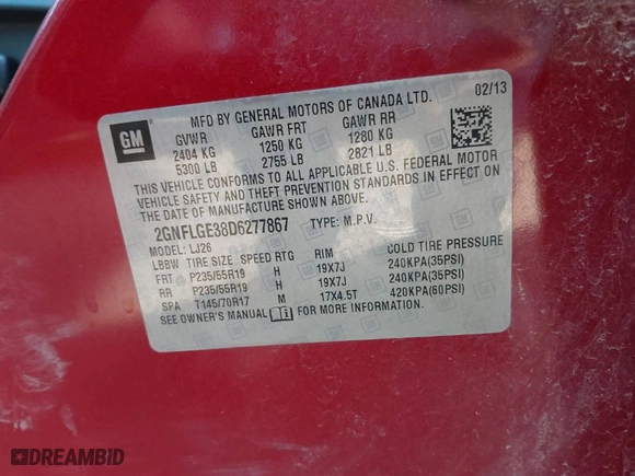 2013 Chevrolet Equinox LTZ with VIN 2GNFLGE38D6277867, listed as a IAAI auction lot 41815564 with 149,268 mi miles. Bid and sale history available at carsss.com. Image 9.