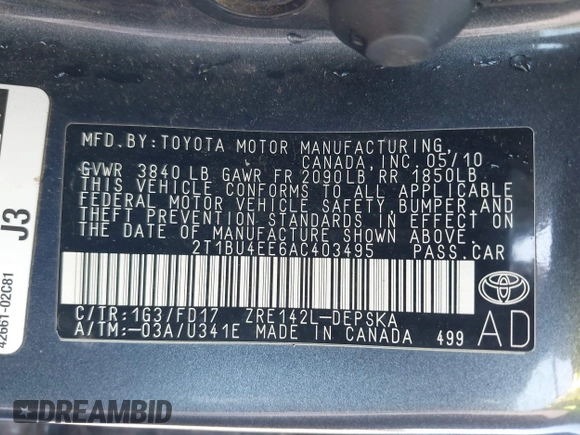 2010 Toyota Corolla with VIN 2T1BU4EE6AC403495, listed as a IAAI auction lot 42021735 with 188,097 mi miles. Bid and sale history available at carsss.com. Image 9.