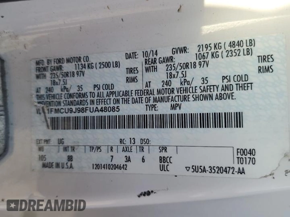 2015 Ford Escape Titanium with VIN 1FMCU9J98FUA48085, listed as a Copart auction lot 53668985 with 205,609 mi miles and Salvage Title. Bid and sale history available at carsss.com. Image 13.