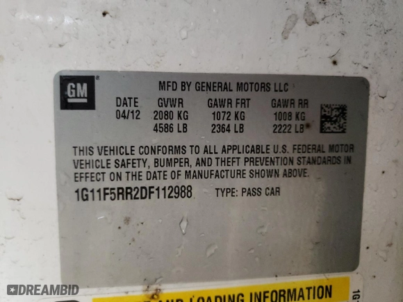 2013 Chevrolet Malibu ECO with VIN 1G11F5RR2DF112988, listed as a Copart auction lot 44393365 with 119,264 mi miles and Salvage Title. Bid and sale history available at carsss.com. Image 12.