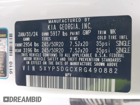 2024 Kia Telluride SX Prestige X-Pro с VIN 5XYP5DGCXRG490882, выставлен на аукционе IAAI как лот 41634304 с пробегом 30 476 миль миль и . История ставок и продаж доступна на DreamBid. Изображение 9.
