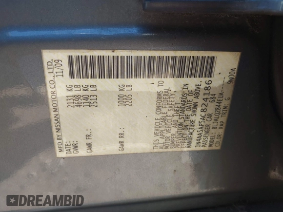 2010 Nissan Maxima SV with VIN 1N4AA5AP5AC824186, listed as a IAAI auction lot 41377558 with Not provided miles and . Bid and sale history available at DreamBid. Image 9.