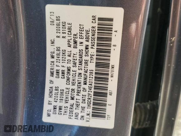 2014 Honda Accord LX with VIN 1HGCR2F34EA012395, listed as a Copart auction lot 52552495 with 104,586 mi miles and Salvage Title. Bid and sale history available at carsss.com. Image 14.