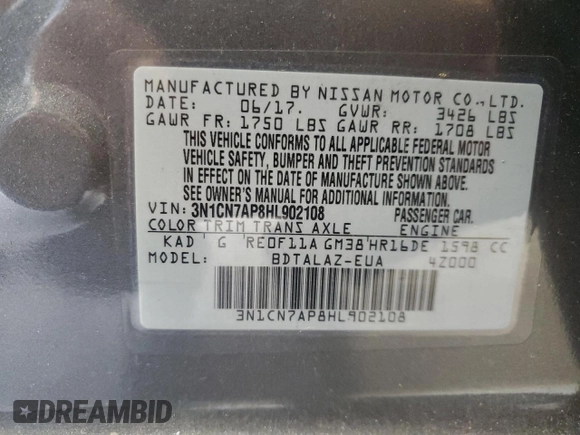 2017 Nissan Versa S with VIN 3N1CN7AP8HL902108, listed as a Copart auction lot 60867725 with 163,073 mi miles and Salvage title. Bid and sale history available at DreamBid. Image 12.
