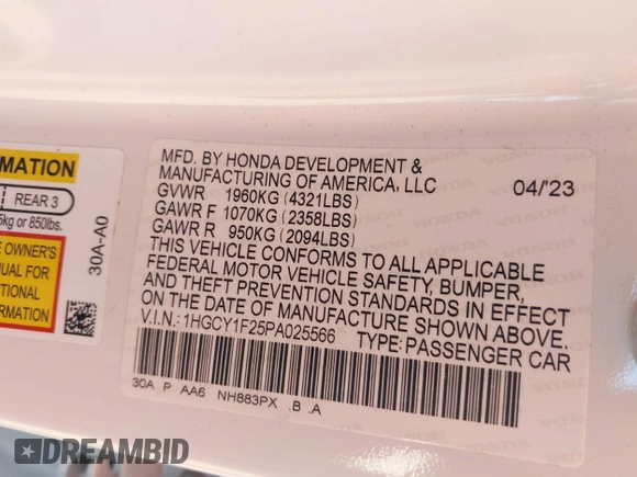 2023 Honda Accord Sedan LX with VIN 1HGCY1F25PA025566, listed as a IAAI auction lot 41631112 with 42,674 mi miles. Bid and sale history available at carsss.com. Image 9.