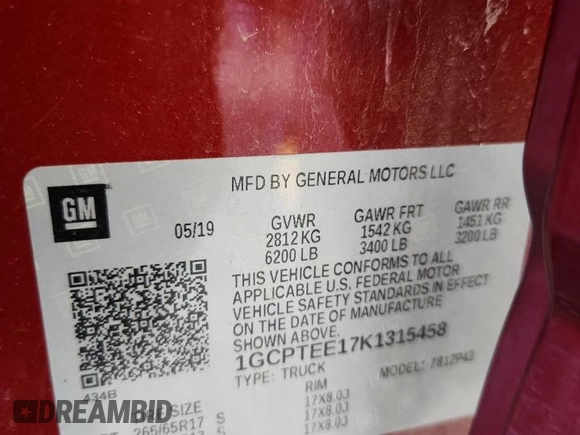 2019 Chevrolet Colorado 4WD ZR2 с VIN 1GCPTEE17K1315458, выставлен на аукционе Copart как лот 60153915 с пробегом 185 325 миль миль и Списание • Salvage title. История ставок и продаж доступна на DreamBid. Изображение 12.