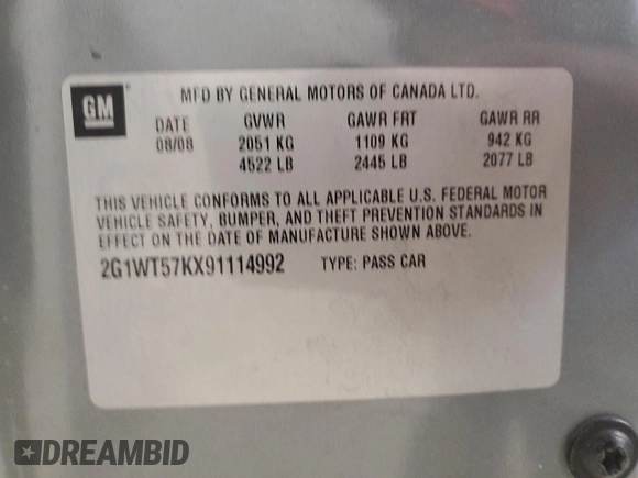 2009 Chevrolet Impala LT with VIN 2G1WT57KX91114992, listed as a Copart auction lot 43617495 with Not Provided miles and Clean Title. Bid and sale history available at DreamBid. Image 13.