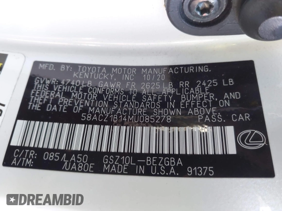 2021 Lexus ES with VIN 58ACZ1B14MU085278, listed as a IAAI auction lot 41813611 with 40,011 mi miles. Bid and sale history available at carsss.com. Image 9.