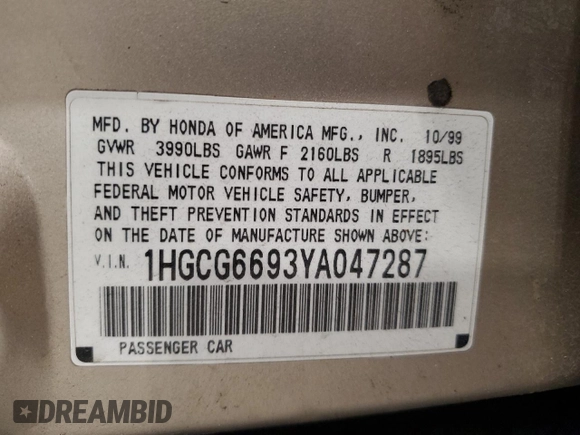 2000 Honda Accord SE with VIN 1HGCG6693YA047287, listed as a Copart auction lot 56838525 with 121,585 mi miles and Non repairable. Bid and sale history available at DreamBid. Image 12.