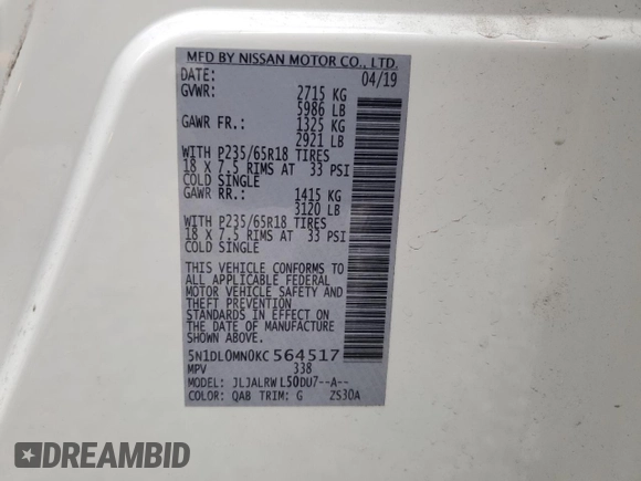 2019 Infiniti QX60 Luxe with VIN 5N1DL0MN0KC564517, listed as a Copart auction lot 47849685 with 79,367 mi miles and Salvage title. Bid and sale history available at DreamBid. Image 13.