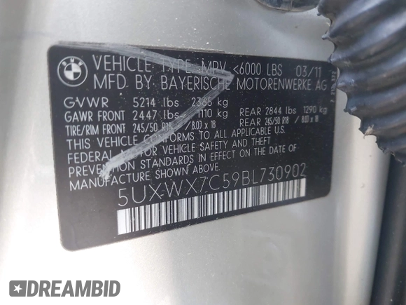 2011 BMW X3 35i with VIN 5UXWX7C59BL730902, listed as a IAAI auction lot 42154482 with Not Provided miles and . Bid and sale history available at DreamBid. Image 9.