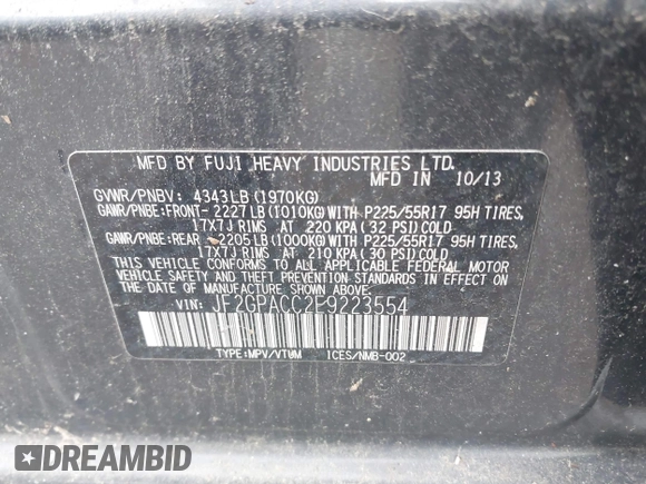 2014 Subaru Crosstrek Premium with VIN JF2GPACC2E9223554, listed as a IAAI auction lot 42310582 with 179,127 mi miles and . Bid and sale history available at DreamBid. Image 9.