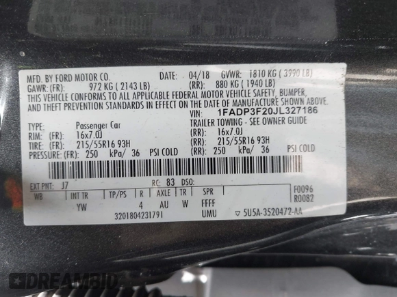 2018 Ford Focus SE z VIN 1FADP3F20JL327186, wystawiony jako IAAI lot #42271070 z przebiegiem 131 511 mil mil oraz . Historia ofert i sprzedaży dostępna na DreamBid. Obrazek 9.