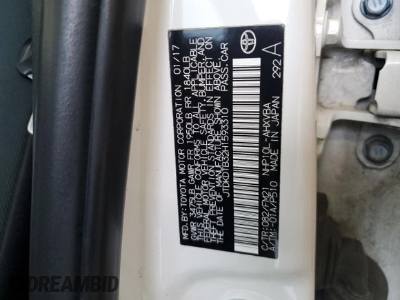 2017 Toyota Prius One with VIN JTDKDTB32H1593310, listed as a Copart auction lot 52555345 with 104,156 mi miles and Clean Title. Bid and sale history available at carsss.com. Image 13.