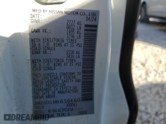 2024 Nissan Frontier S with VIN 1N6ED1CL6RN656660, listed as a Copart auction lot 85485104 with 26,139 mi miles and Salvage title. Bid and sale history available at DreamBid. Image 13.