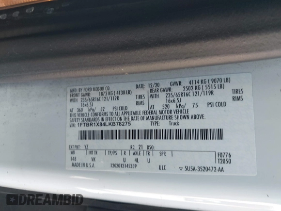 2020 Ford Transit Cargo с VIN 1FTBR1X84LKB78275, выставлен на аукционе IAAI как лот 41825509 с пробегом 78 826 миль миль и . История ставок и продаж доступна на DreamBid. Изображение 9.