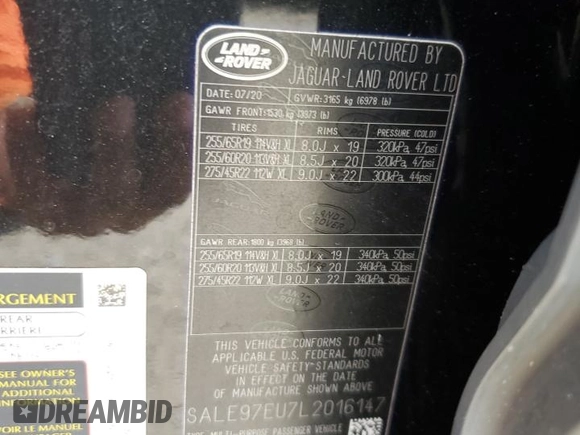 2020 Land Rover Defender HSE with VIN SALE97EU7L2016147, listed as a Copart auction lot 74739544 with 48,825 mi miles and Non repairable. Bid and sale history available at DreamBid. Image 13.