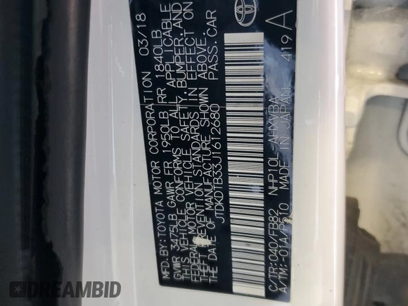 2018 Toyota Prius One with VIN JTDKDTB33J1612680, listed as a Copart auction lot 53525895 with 107,899 mi miles and Clean Title. Bid and sale history available at DreamBid. Image 12.