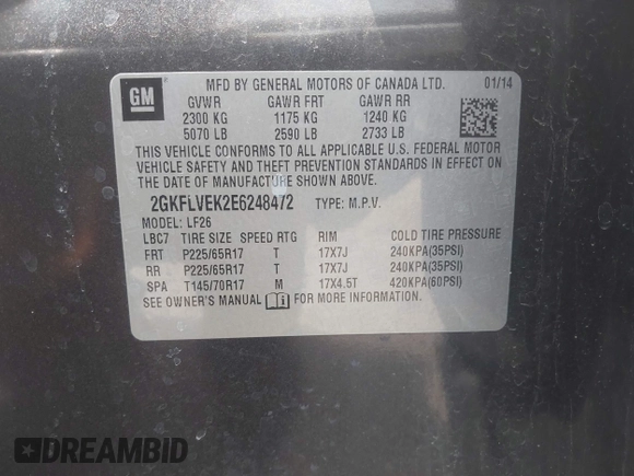 2014 GMC Terrain SLE with VIN 2GKFLVEK2E6248472, listed as a IAAI auction lot 42406154 with 75,013 mi miles and . Bid and sale history available at DreamBid. Image 9.