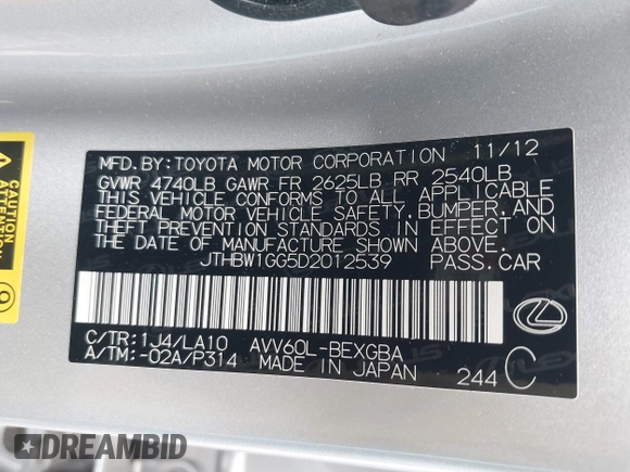 2013 Lexus ES 300h with VIN JTHBW1GG5D2012539, listed as a IAAI auction lot 41893892 with 47,999 mi miles and . Bid and sale history available at DreamBid. Image 9.
