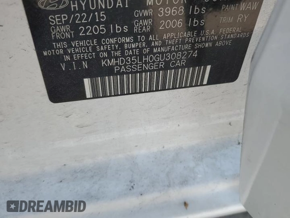 2016 Hyundai Elantra with VIN KMHD35LH0GU308274, listed as a Copart auction lot 54773495 with 115,687 mi miles and Salvage title. Bid and sale history available at DreamBid. Image 12.
