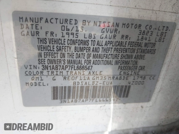 2015 Nissan Sentra SR with VIN 3N1AB7AP7FL666547, listed as a IAAI auction lot 41860663 with 174,305 mi miles and . Bid and sale history available at DreamBid. Image 9.