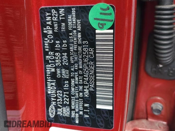 2023 Hyundai Elantra Limited with VIN KMHLP4AG5PU625813, listed as a Copart auction lot 54726965 with 20,096 mi miles and Salvage Title. Bid and sale history available at DreamBid. Image 12.