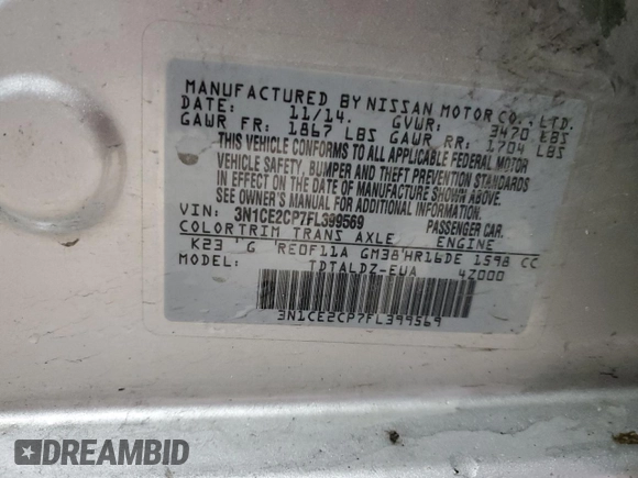 2015 Nissan Note S with VIN 3N1CE2CP7FL399569, listed as a Copart auction lot 58712605 with 131,049 mi miles and Salvage title. Bid and sale history available at DreamBid. Image 13.