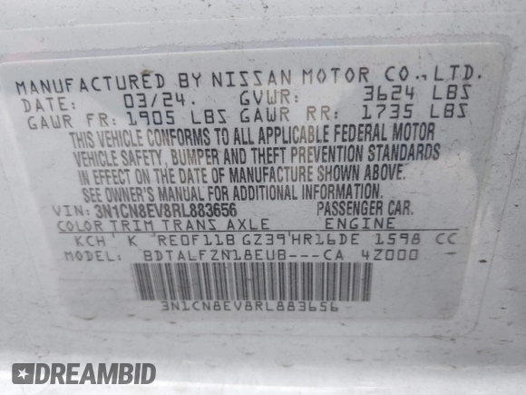 2024 Nissan Versa SV z VIN 3N1CN8EV8RL883656, wystawiony jako IAAI lot #42189707 z przebiegiem 18 509 mil mil oraz . Historia ofert i sprzedaży dostępna na DreamBid. Obrazek 9.