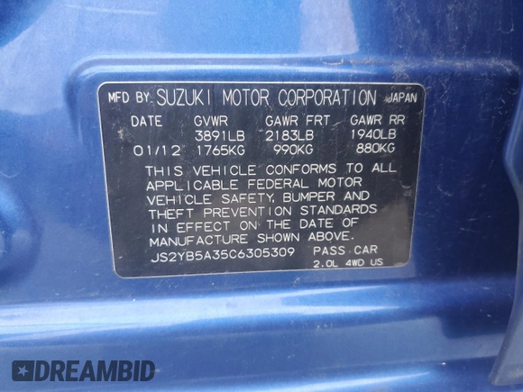 2012 Suzuki SX4 Crossover with VIN JS2YB5A35C6305309, listed as a Copart auction lot 68032954 with 0 mi miles and Salvage Title. Bid and sale history available at carsss.com. Image 13.