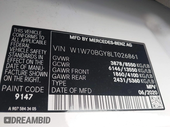 2020 Mercedes-Benz Sprinter Cargo with VIN W1W70BGY8LT026861, listed as a IAAI auction lot 41679015 with 96,367 mi miles and . Bid and sale history available at carsss.com. Image 9.