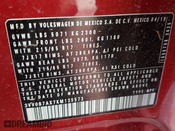 2019 Volkswagen Tiguan S with VIN 3VV0B7AX7KM135573, listed as a Copart auction lot 60122025 with 32,089 mi miles and Salvage title. Bid and sale history available at DreamBid. Image 13.