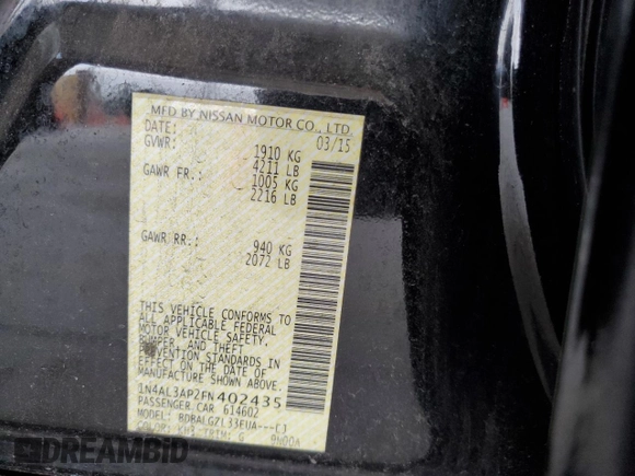 2015 Nissan Altima SL z VIN 1N4AL3AP2FN402435, wystawiony jako Copart lot #56665525 z przebiegiem 131 569 mil mil oraz Szkoda całkowita • Salvage title. Historia ofert i sprzedaży dostępna na DreamBid. Obrazek 12.