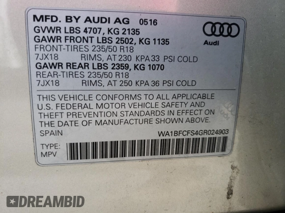 2016 Audi Q3 Premium Plus with VIN WA1BFCFS4GR024903, listed as a Copart auction lot 69352602 with 125,333 mi miles. Bid and sale history available at carsss.com. Image 13.