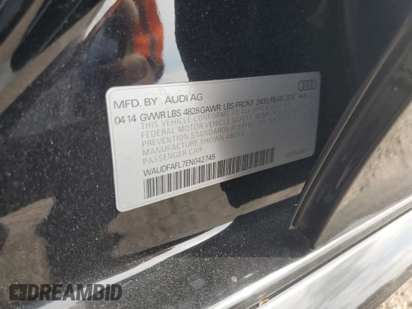 2014 Audi A4 Premium с VIN WAUDFAFL7EN042745, выставлен на аукционе Copart как лот 75401134 с пробегом Не указан миль и Списание • Salvage title. История ставок и продаж доступна на DreamBid. Изображение 13.