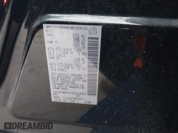 2014 Nissan Pathfinder SV with VIN 5N1AR2MN7EC642485, listed as a IAAI auction lot 41289930 with 156,759 mi miles. Bid and sale history available at carsss.com. Image 9.