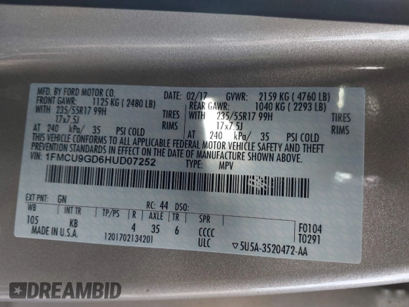 2017 Ford Escape SE with VIN 1FMCU9GD6HUD07252, listed as a IAAI auction lot 41584876 with 83,556 mi miles. Bid and sale history available at carsss.com. Image 9.
