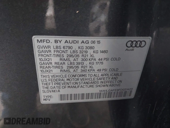 2015 Audi Q7 Premium Plus with VIN WA1LGAFE9FD031423, listed as a IAAI auction lot 42318500 with 79,108 mi miles and . Bid and sale history available at DreamBid. Image 9.