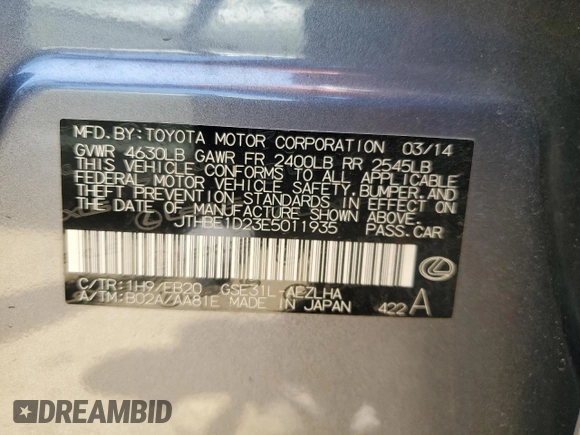 2014 Lexus IS 350 with VIN JTHBE1D23E5011935, listed as a Copart auction lot 56041275 with 54,897 mi miles and Salvage title. Bid and sale history available at DreamBid. Image 12.