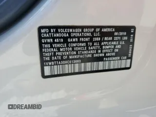 2017 Volkswagen Passat SE with VIN 1VWBT7A30HC013663, listed as a Copart auction lot 58043215 with 76,708 mi miles and Salvage title. Bid and sale history available at DreamBid. Image 12.