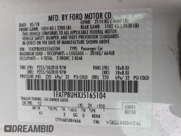 2018 Ford Mustang EcoBoost Premium with VIN 1FATP8UHXJ5165104, listed as a Copart auction lot 47358885 with 27,137 mi miles and Salvage title. Bid and sale history available at DreamBid. Image 12.